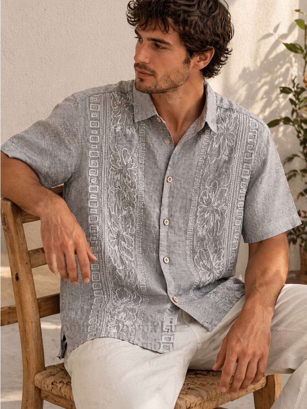 Tommy Bahama Linen Shirt Mens Large Embroidered Camp Aloha Short Sleeve Beige